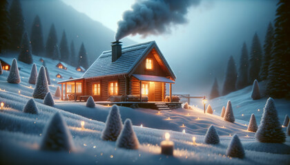 A photorealistic and hyper-detailed image of a cozy cabin with smoke rising from the chimney in a snowy landscape.