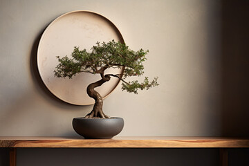 Elegant Bonsai Tree on Wooden Table.