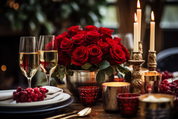 Romantic Table Setting with Red Roses.