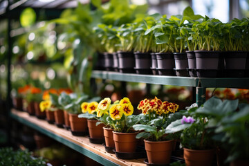 Fototapeta na wymiar Garden Center Shelves with Potted Plants.