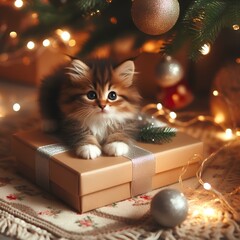 Kitten on a gift box under a Christmas tree