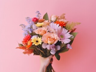 Female hand holds beautiful bouquet. Flower delivery concept. 