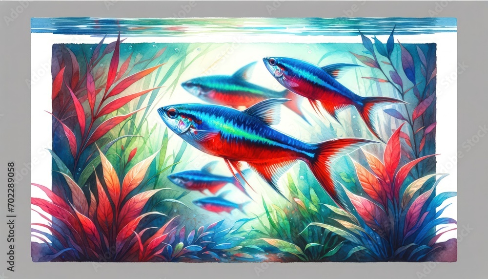 Wall mural Watercolor painting of Neon Tetras (Paracheirodon innesi) showcasing their blue and red hues amidst aquatic plants in a tranquil aquarium setting.
