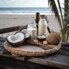 Coconut milk with half a scythe on a tray against the background of the beach and the blue sea