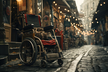 Obraz premium Empty Wheelchair on Cobblestone Street at Dusk.