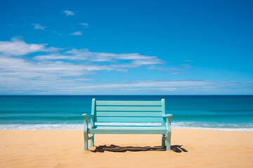 Fototapeta na wymiar Secluded Beach Bench Overlooking Pristine Blue Ocean.