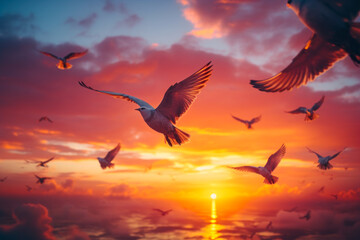 Fototapeta premium Bird in Flight at Dusk Against Colorful Sky.