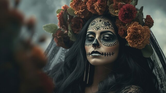 female with a flower crown in skeleton Halloween makeup looking at camera