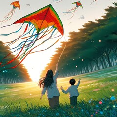 Two people who gave their backs are flying a kite on a shady green field created with ai generated 