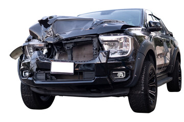 PNG format. Back and side view of black pickup car get damaged by accident on the road. damaged...