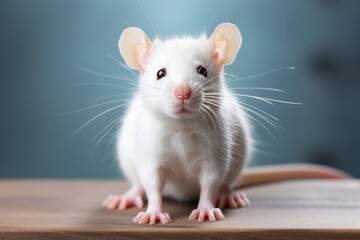 A white rat sitting on top of a wooden table. Laboratory animal, testing model for research.