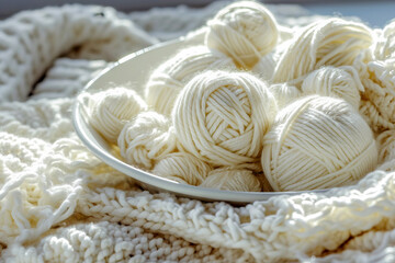 White skeins of warm yarn close up.