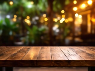 Empty wooden board on table in front of blurred background. Brown wood perspective for display of product.