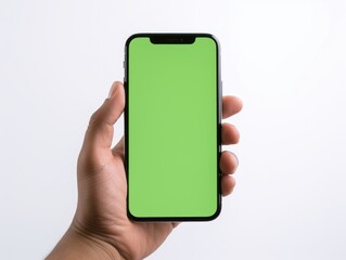 Close up hand of man holding green screen phone.