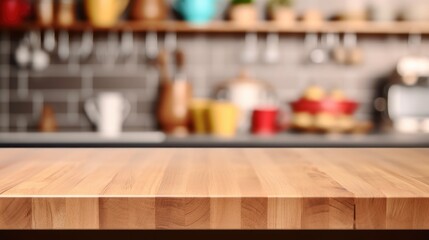 Empty wooden tabletop, counter, desk background over blur perspective kitchen background, wood table worktop for product placement, blurred kitchen, product display mockup
