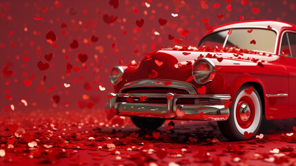 red retro car with hearts on a red background. card for valentine's day - obrazy, fototapety, plakaty