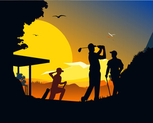 silhouette of a family play golf
