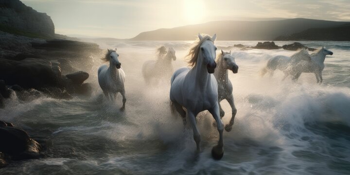 Beautiful white horses run gallop in the water at soft sunset light