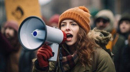 Young woman outdoors with a group of demonstrators in the background protesting with a megaphone in the street - obrazy, fototapety, plakaty