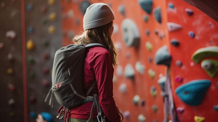 Professional female climber hanging on the bouldering wall, practice climbing indoors.
