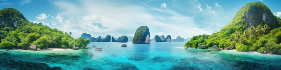 Fototapeta premium A painting of a tropical island with boats in the water