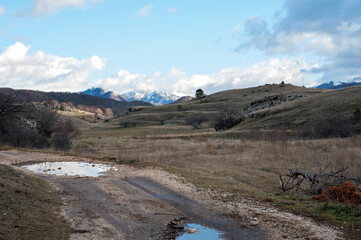 End of winter: the last snow on the plateau has also melted. Abruzzese Apennines, Italy.