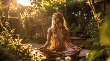 A woman in lotus pose in the garden, practicing yoga meditation and mindfulness exercises until wellness and awareness. Relaxation time