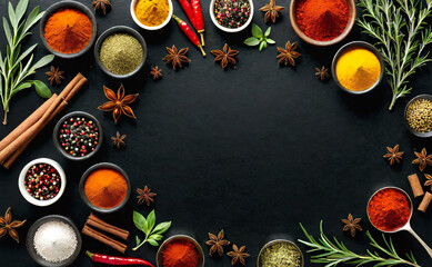 Spices on a black background. AI - obrazy, fototapety, plakaty