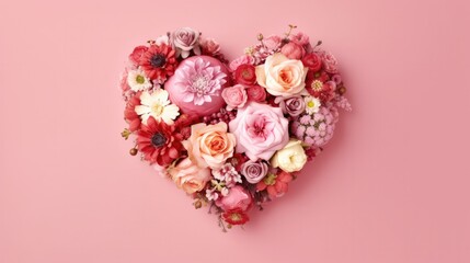 Artistic heart made out of colorful flowers on a pink background