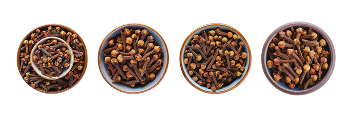 Set of Top View of a Bowl of Whole Cloves, isolated over on transparent white background. - obrazy, fototapety, plakaty