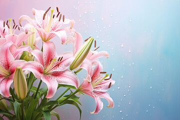 Brightly colored lilies with water drops on a pastel background..​