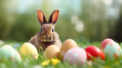 Fototapeta na wymiar Easter Bunny Surrounded by Colorful Eggs