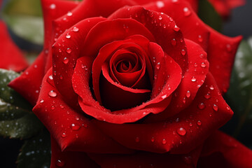 Close up of a red rose with water droplets blooming beautifully.