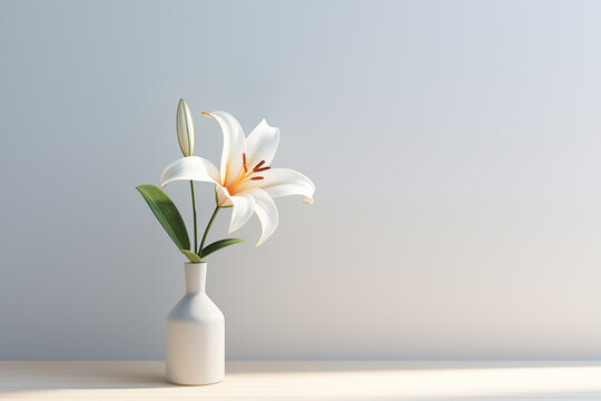 White lilies in a vase placed against a white wall in a simple, minimal style.