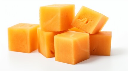 isolated cantaloupe cubes on a pristine white surface, showcasing the juicy orange color and...