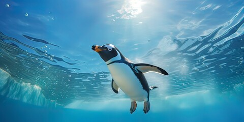 A penguin swimming in an aquarium with a blue sky - obrazy, fototapety, plakaty
