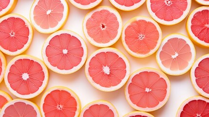 isolated grapefruit slices against a white background, capturing the citrusy pink and yellow hues in a visually striking arrangement.
