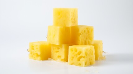 isolated pineapple cubes on a pristine white canvas, showcasing the vibrant yellow and textured surface of this tropical fruit.