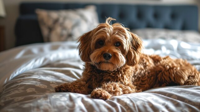 A sweet and cute dog caught in a peaceful nap on a bed, gazing affectionately at the camera.
