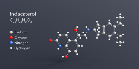 indacaterol molecule 3d rendering, flat molecular structure with chemical formula and atoms color coding