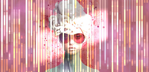 Fashionable girl mannequin wearing pink glasses and technical stripes. Beauty and exploration concept.