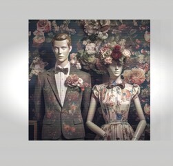 Male and female trading mannequins in graphic design and floral background.