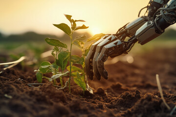 android robot hands planting seeds in soil - obrazy, fototapety, plakaty