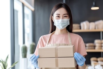 Waitress wearing face mask and gloves hold cardboard box of tasty fast food in hands. Healthcare and Food drink concept. ai generative - obrazy, fototapety, plakaty