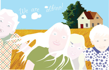 An albino family (children, a woman) on the background of a field. The house, the trees, the sky, the white clouds. The inscription 