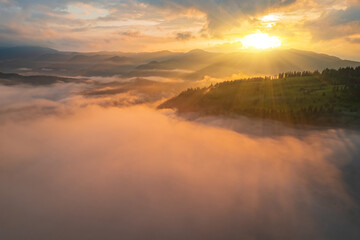 Mountains in clouds at sunrise in summer. Aerial view of mountain peak with green trees in fog....