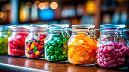 Colorful candies in jars on a wooden table in a candy shop. Colorful candies sweets.