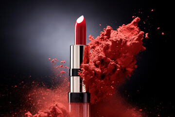 Red lipstick with powerful explosion of red dust on dark background - obrazy, fototapety, plakaty