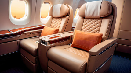 Interior of luxury private airplane with  empty leather chairs.