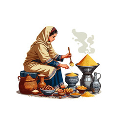 Berber woman preparing traditional couscous for yennayer vector